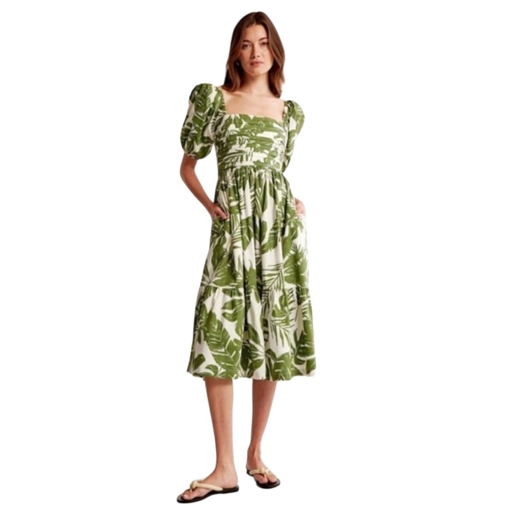 Abercrombie & Fitch Green Leaf Print Midi Dress
